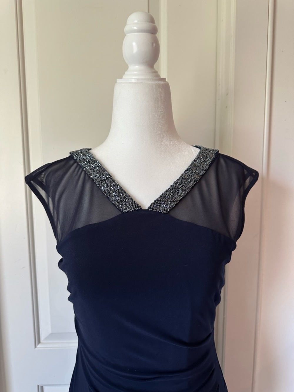 Lauren Ralph Lauren Navy Beaded Neck Cocktail Dress Ruched Waist Sheer Mesh 6P